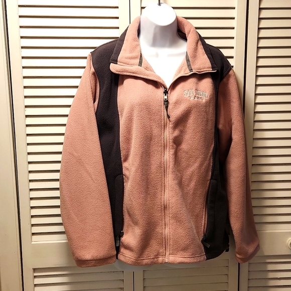 Fleece jacket pink and gray zippered with zipper pockets and adjustable waist - Picture 1 of 6
